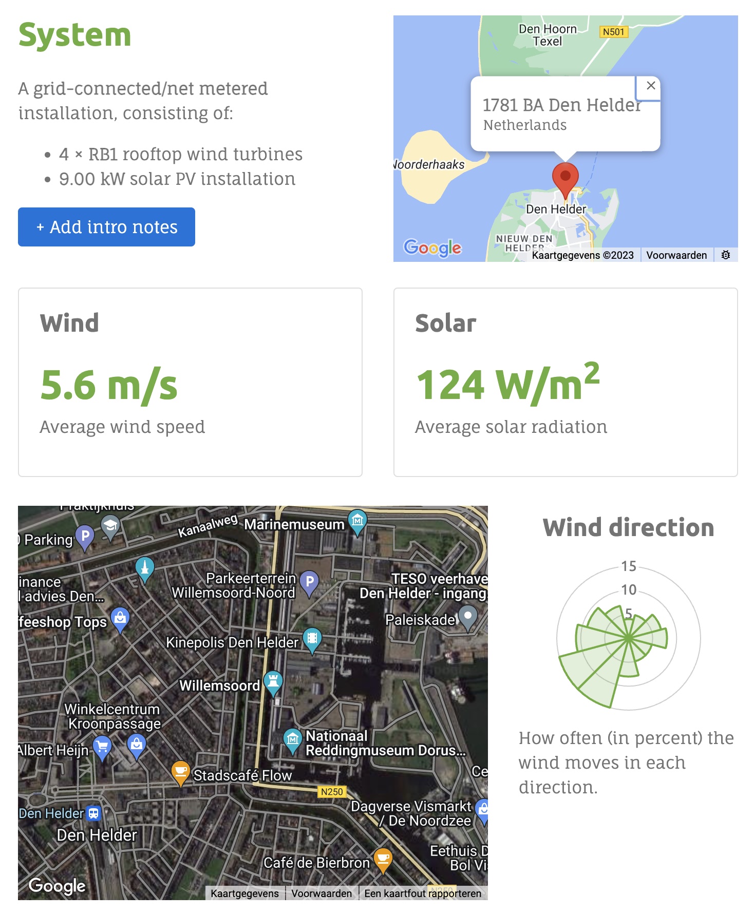 Systeem - een op het elektriciteitsnet aangesloten/nettogemeten installatie, bestaande uit 4 windturbines op het dak. 9 kW zonne-PV-installatie. Gemiddelde windsnelheid 5,6 m/s zonne-energie 124 W/m2, windrichting, hoe vaak (in procent) de wind in elke richting beweegt